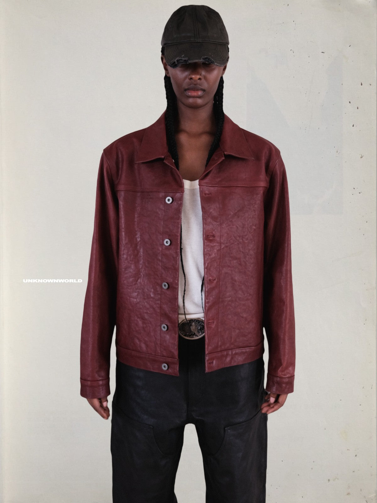 UNKNOWNWORLD Distressed Scarlet Leather Jacket in Red - On Model