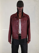 UNKNOWNWORLD Distressed Scarlet Leather Jacket in Red - On Model