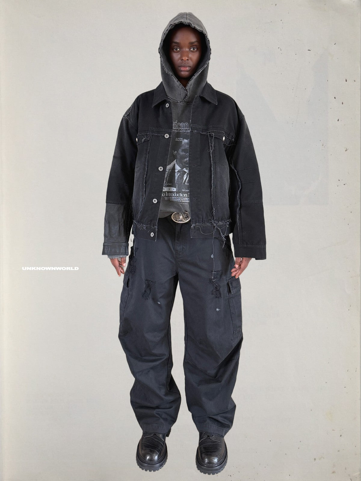 UNKNOWNWORLD Deconstructed Denim Horsehide Jacket in Black - On Model