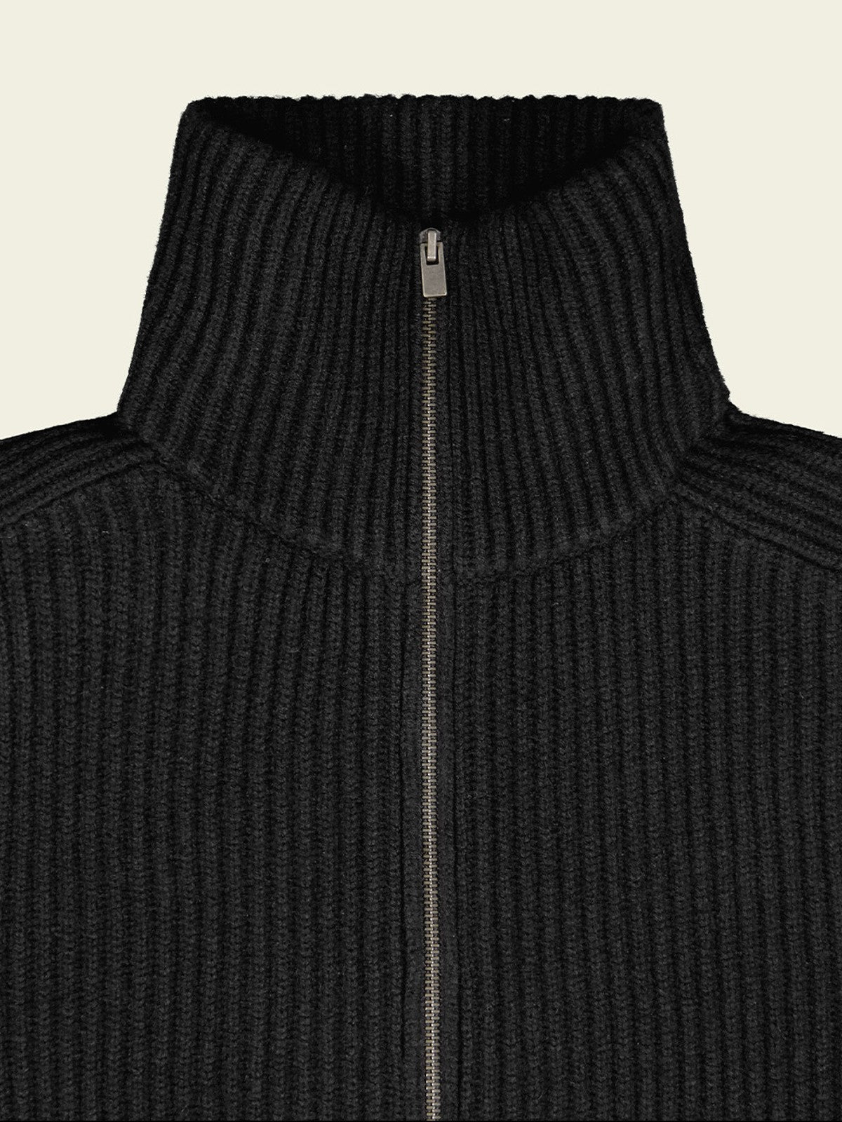 FaxCopyExpress Ribbed Wool Yak Zip Cardigan in Black - Detail