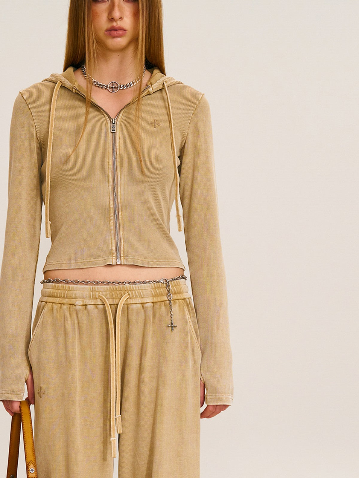 SMFK Washed Ribbed Zip Up Hoodie in Beige - On Female Model