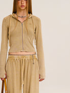 SMFK Washed Ribbed Zip Up Hoodie in Beige - On Female Model