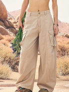 BEERBRO Washed Cotton Safari Cargo Pants in Beige - On Female Model
