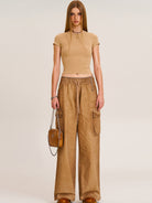 SMFK Short Sleeve Cropped T Shirt in Beige - On Female Model