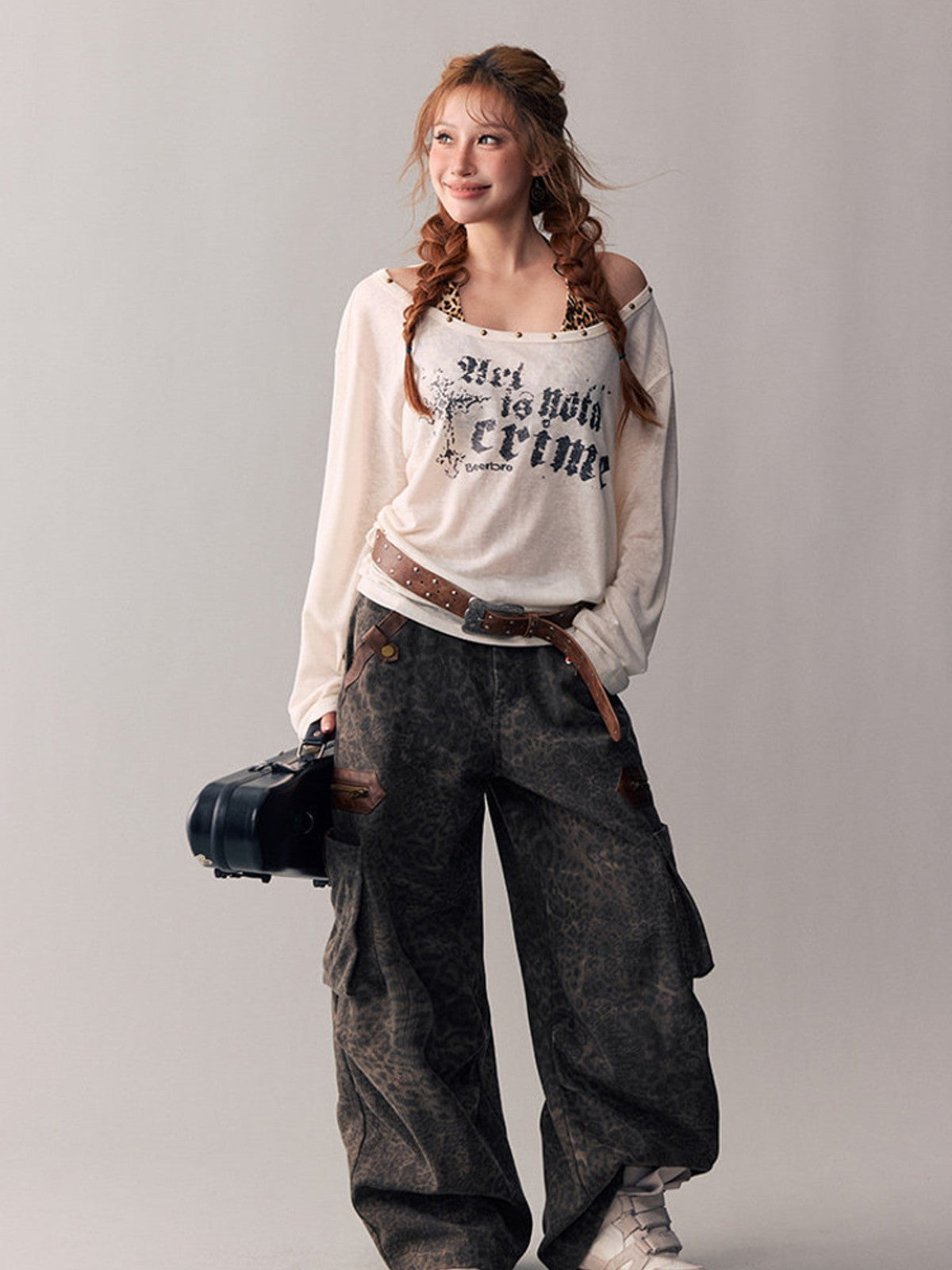 BEERBRO Leopard Print Spliced Cargo Pants in Brown - On Female Model