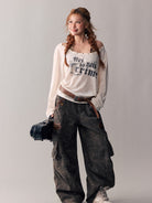 BEERBRO Leopard Print Spliced Cargo Pants in Brown - On Female Model
