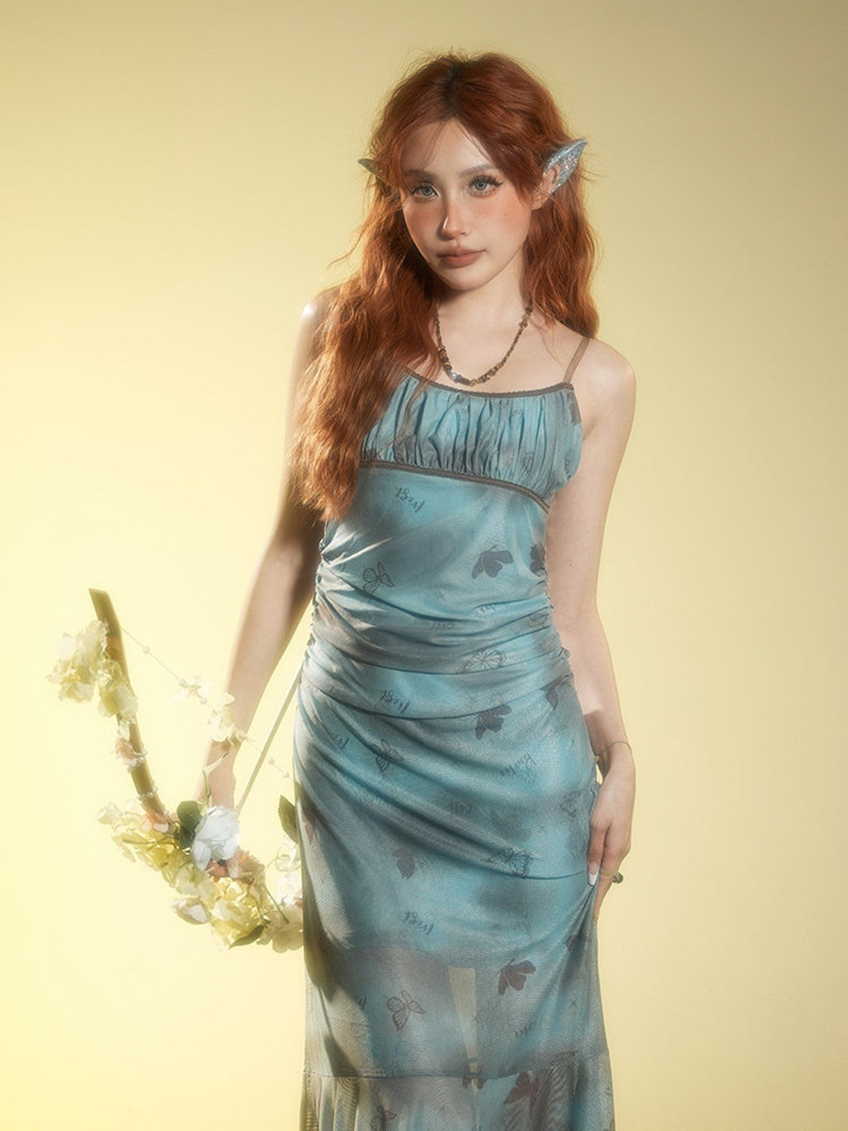 BEERBRO Butterfly Print Mesh Cami Dress in Teal - On Female Model