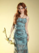 BEERBRO Butterfly Print Mesh Cami Dress in Teal - On Female Model