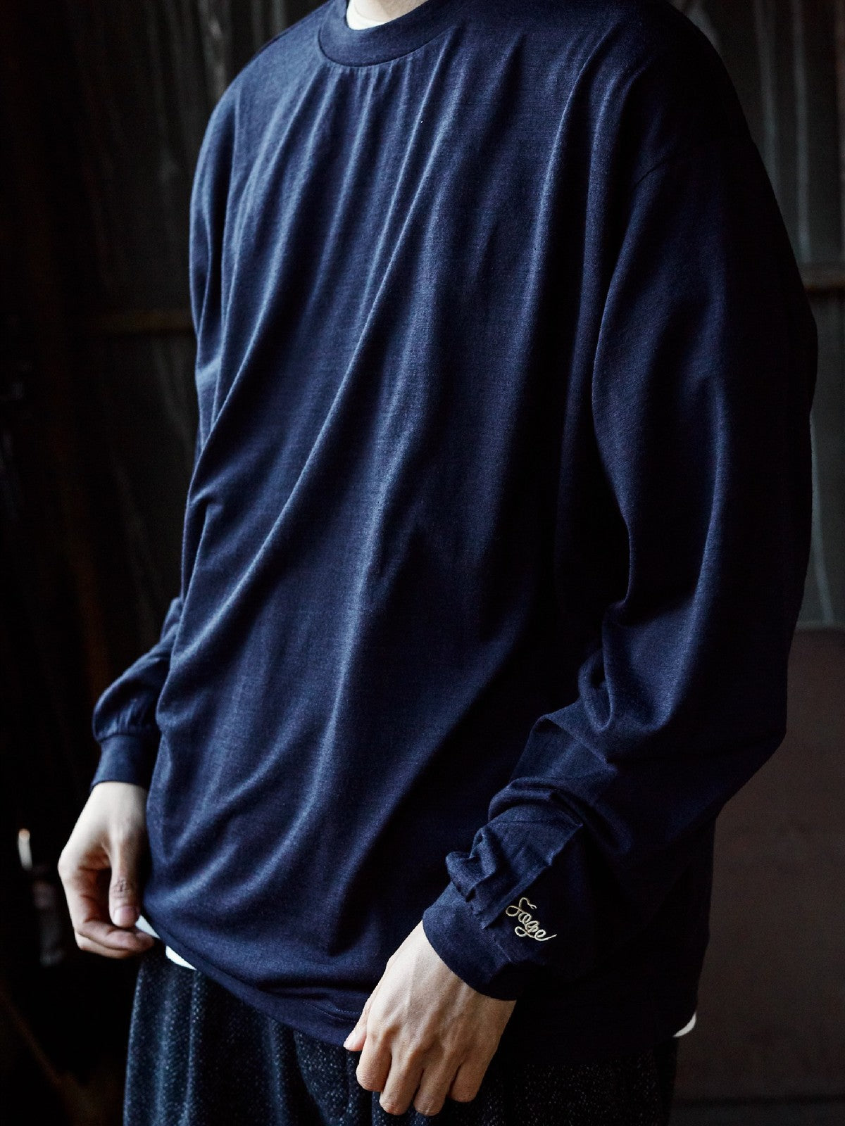 USAGE Merino Wool Blend T Shirt Set in Navy Blue - On Model