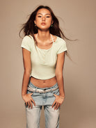 BEERBRO Faux Layered Knit Henley Crop Top in Mint - On Female Model
