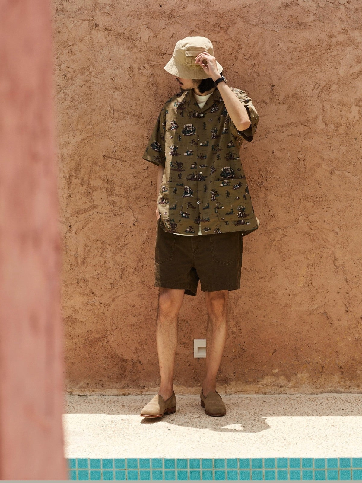 USAGE Cowboy Print Cotton Hawaiian Shirt in Beige - On Male Model