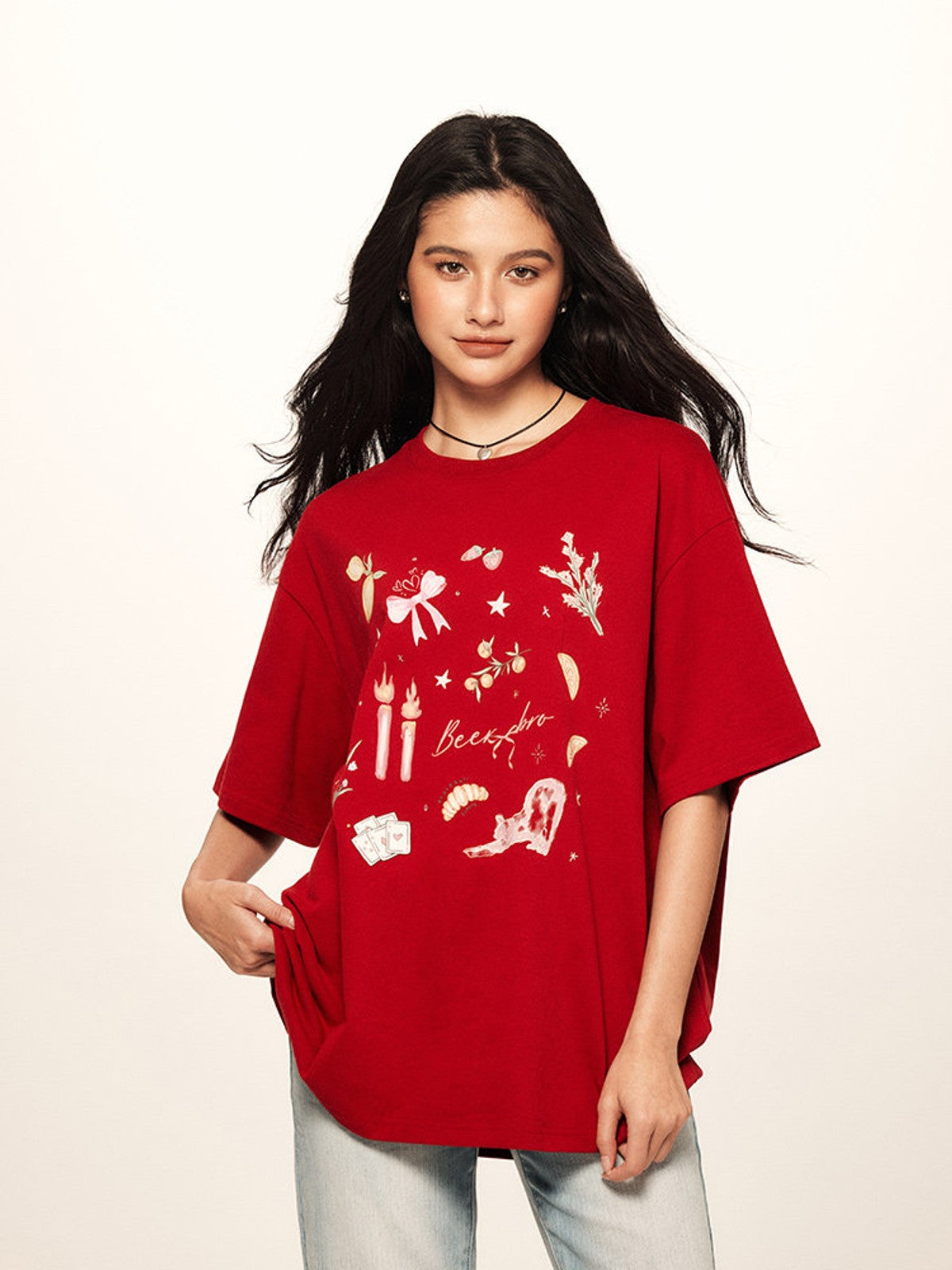BEERBRO Retro Graphic Print T Shirt in Red - On Female Model