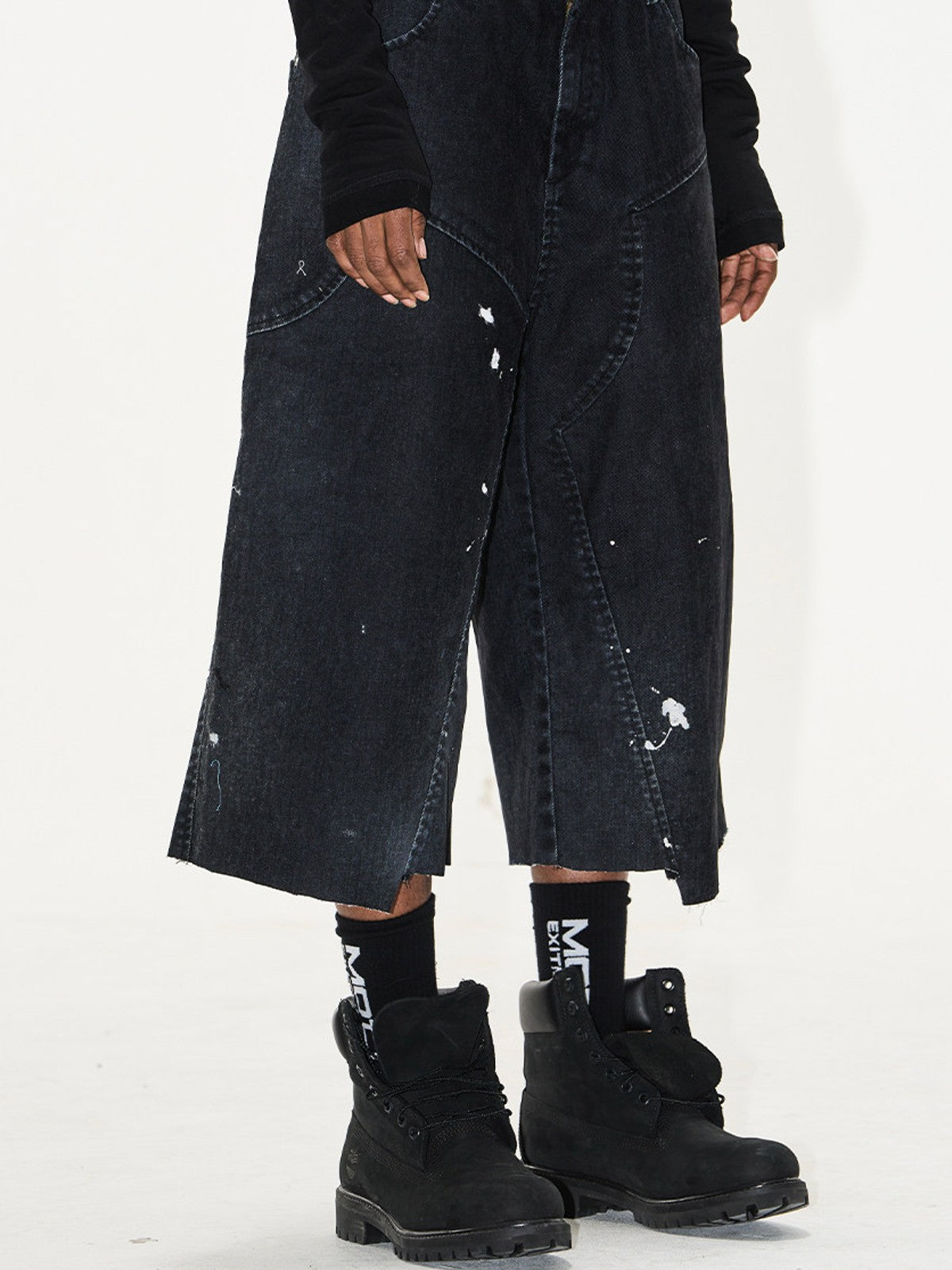 BLINDNOPLAN Ink Splatter Denim Carpenter Shorts in Black - On Model