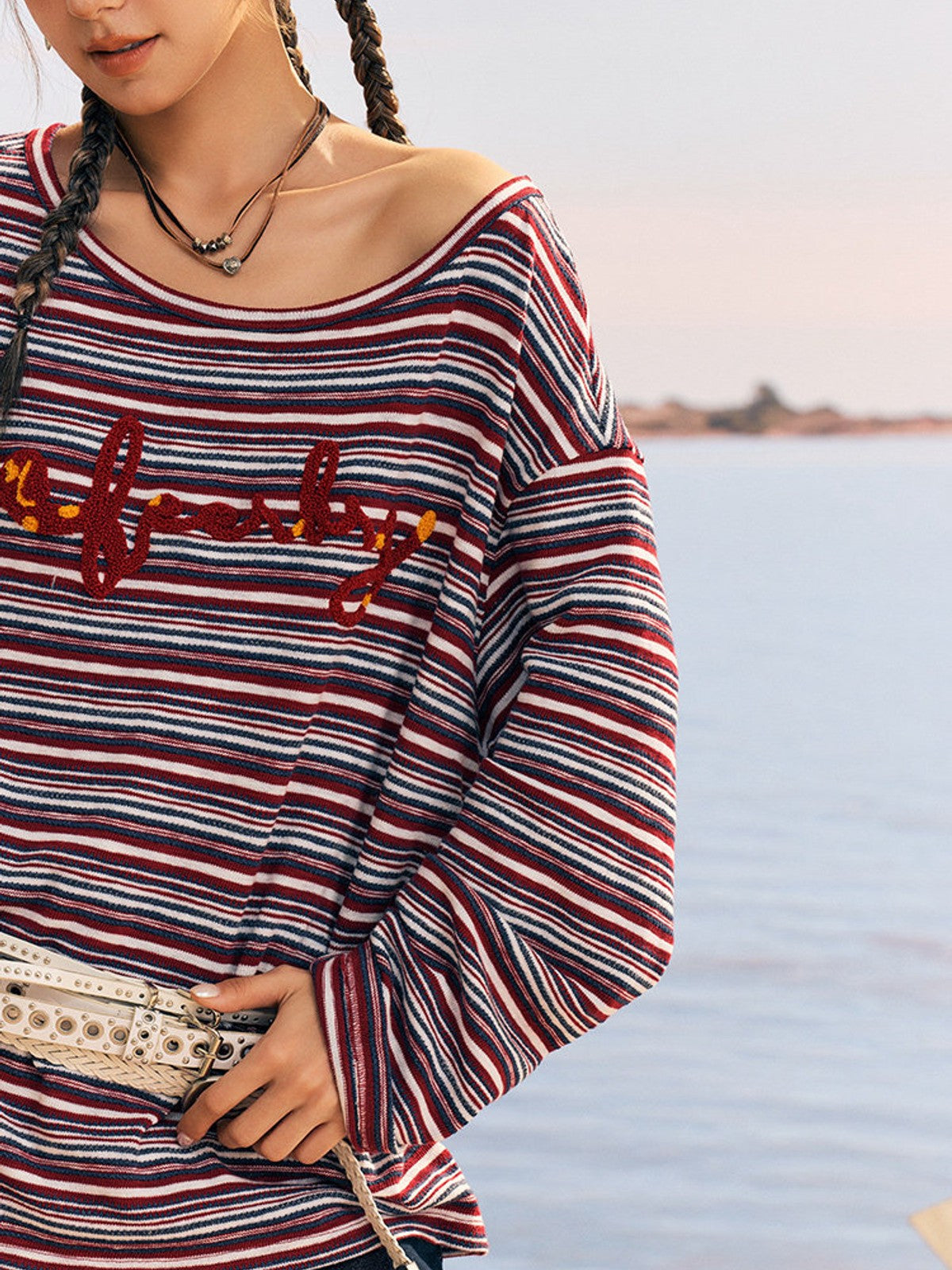 BEERBRO Striped Off Shoulder Long Sleeve Tee in Red - On Female Model