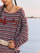 BEERBRO Striped Off Shoulder Long Sleeve Tee in Red - On Female Model