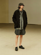 USAGE Textured Cotton Ramie Work Shirt in Black - On Male Model