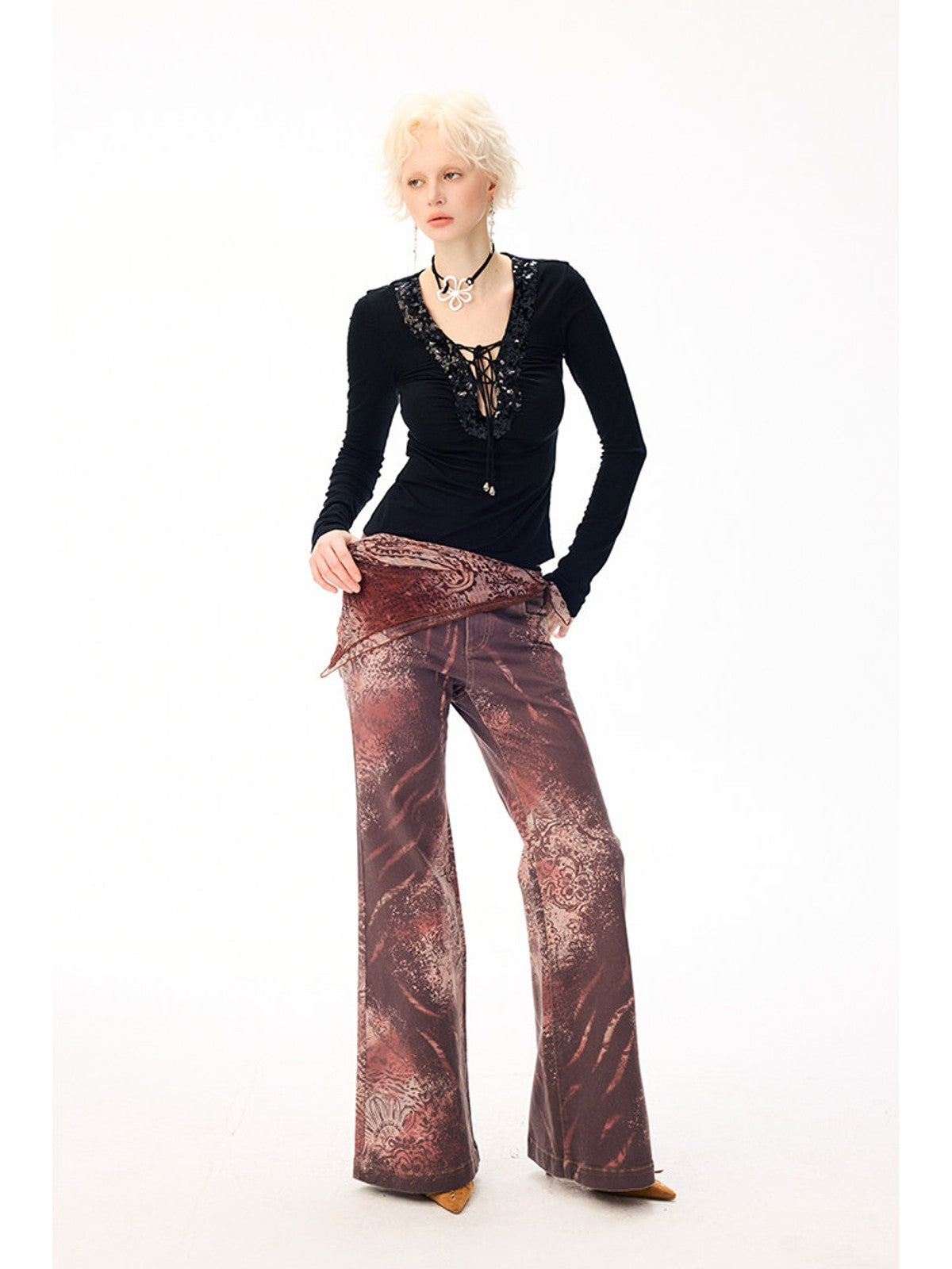 BEERBRO Lyocell Paisley Micro Flare Pants in Brown - On Female Model