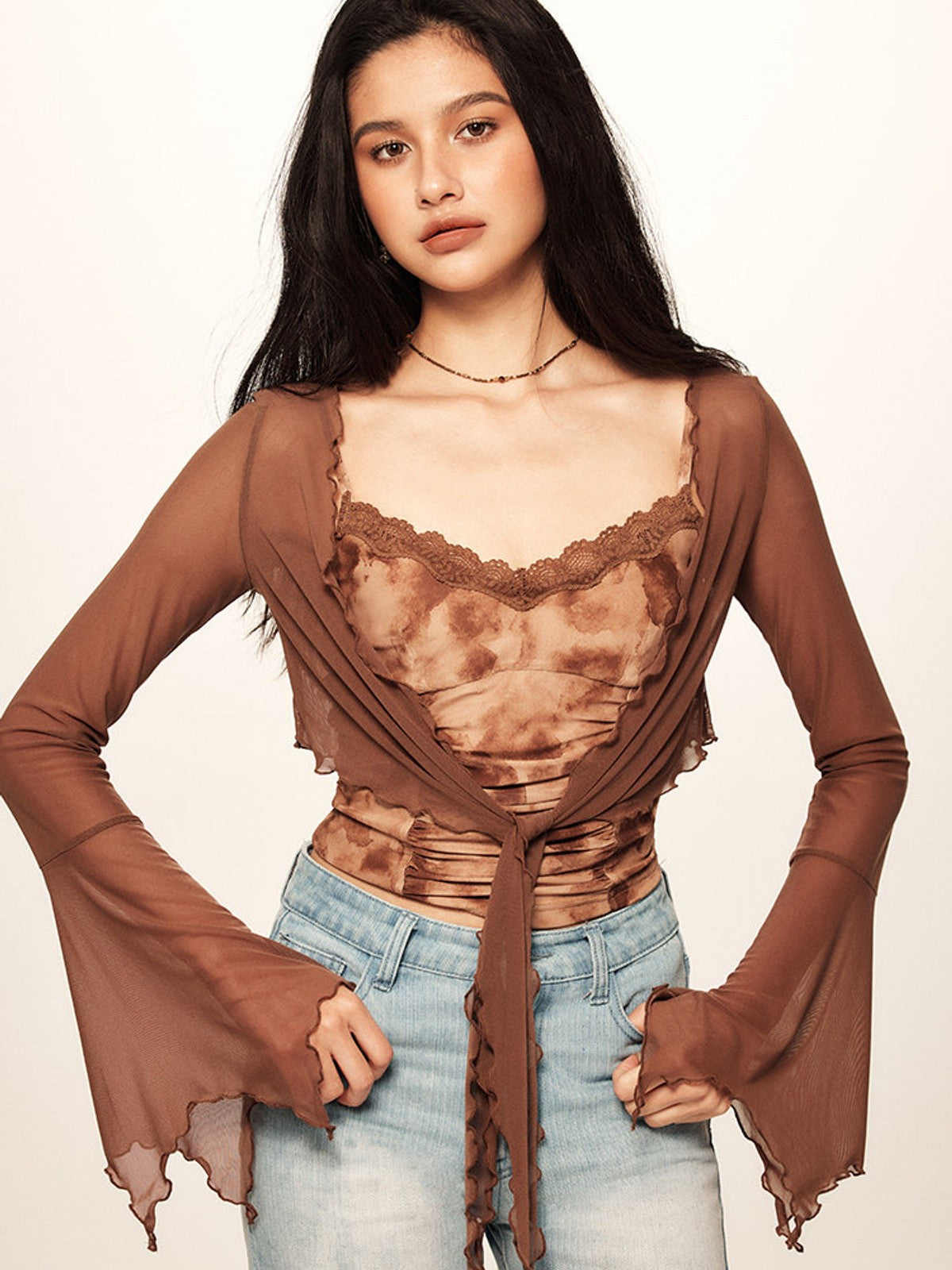 BEERBRO Sheer Mesh Tie Front Top in Brown - On Female Model