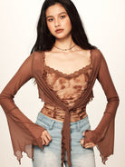 BEERBRO Sheer Mesh Tie Front Top in Brown - On Female Model