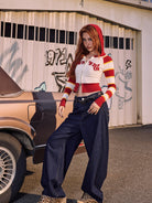 BEERBRO Leopard Cuff Wide Leg Jeans in Blue - On Female Model
