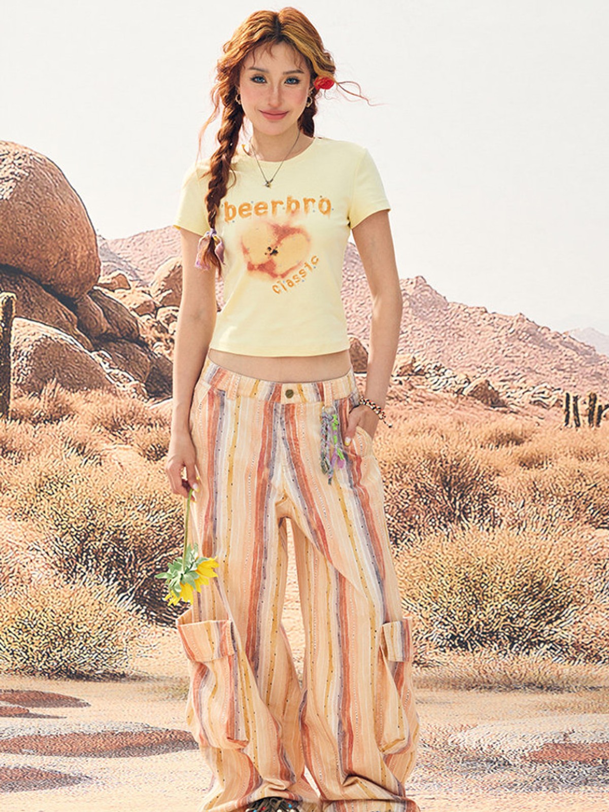 BEERBRO Washed Cotton Striped Cargo Pants in Pink - On Female Model