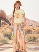 BEERBRO Washed Cotton Striped Cargo Pants in Pink - On Female Model