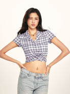 BEERBRO Plaid Cross Front Crop Shirt in Lavender - On Female Model