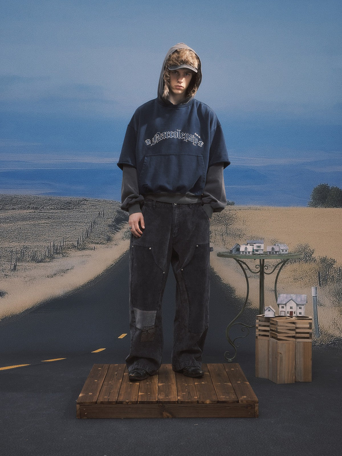 SOD Distressed Layered Effect Hoodie in Blue - On Male Model