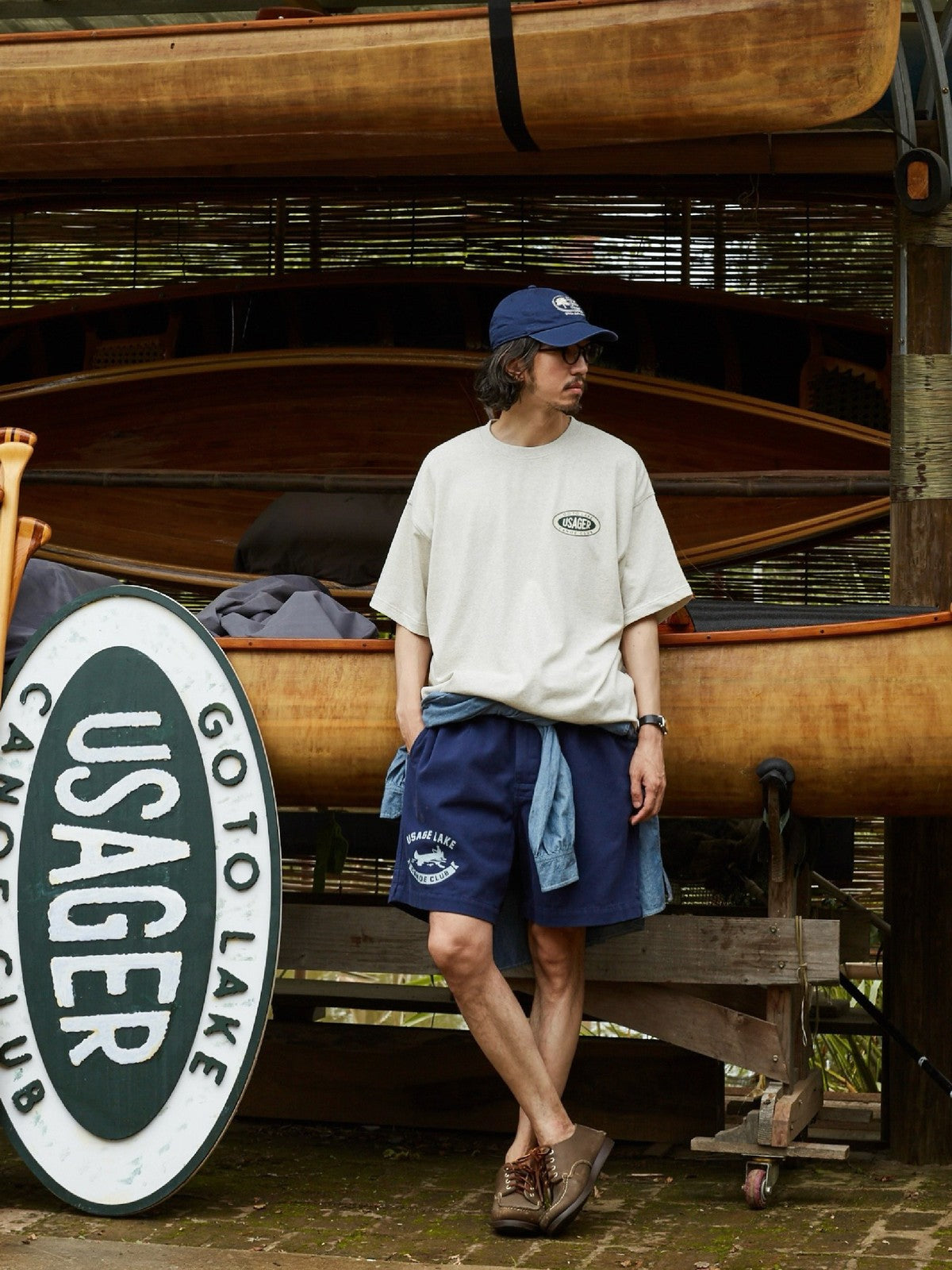 USAGE Canoe Club Graphic Cotton T Shirt in Beige - On Male Model