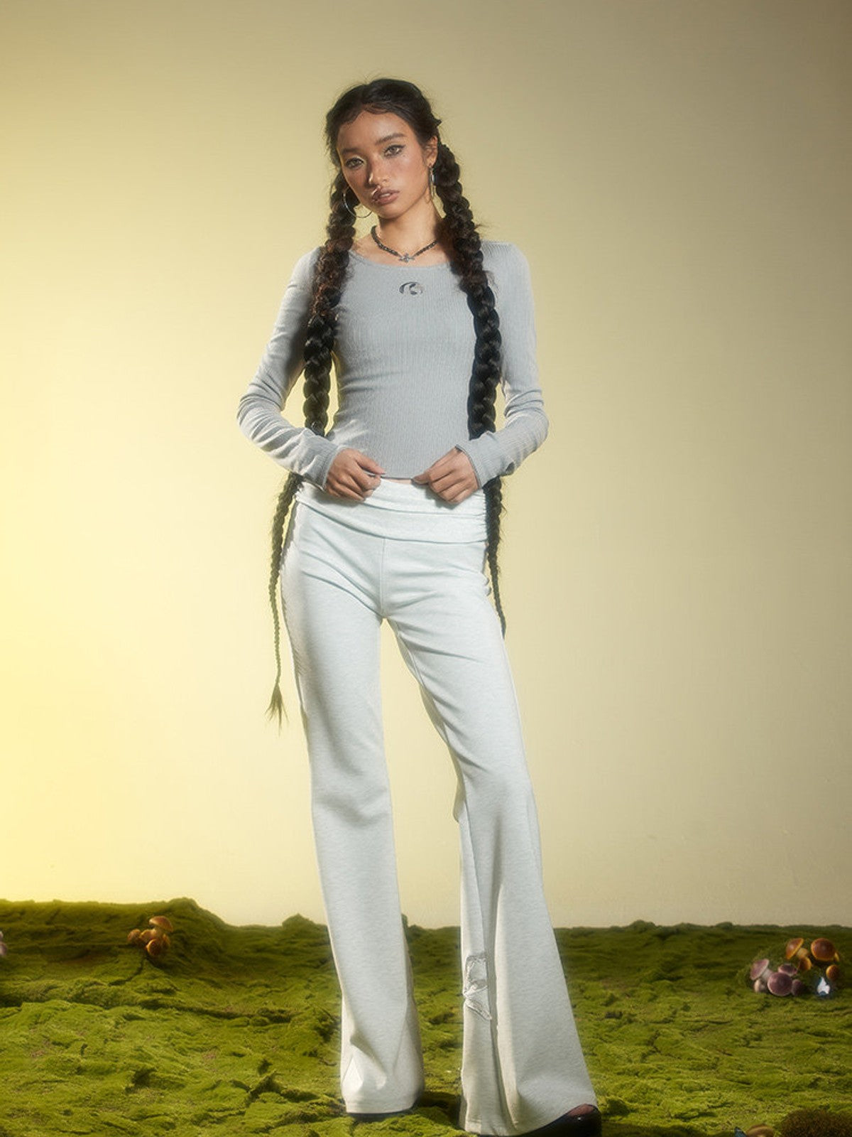 BEERBRO Ribbed Embroidered Long Sleeve Top in Gray - On Female Model