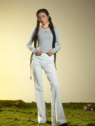 BEERBRO Ribbed Embroidered Long Sleeve Top in Gray - On Female Model