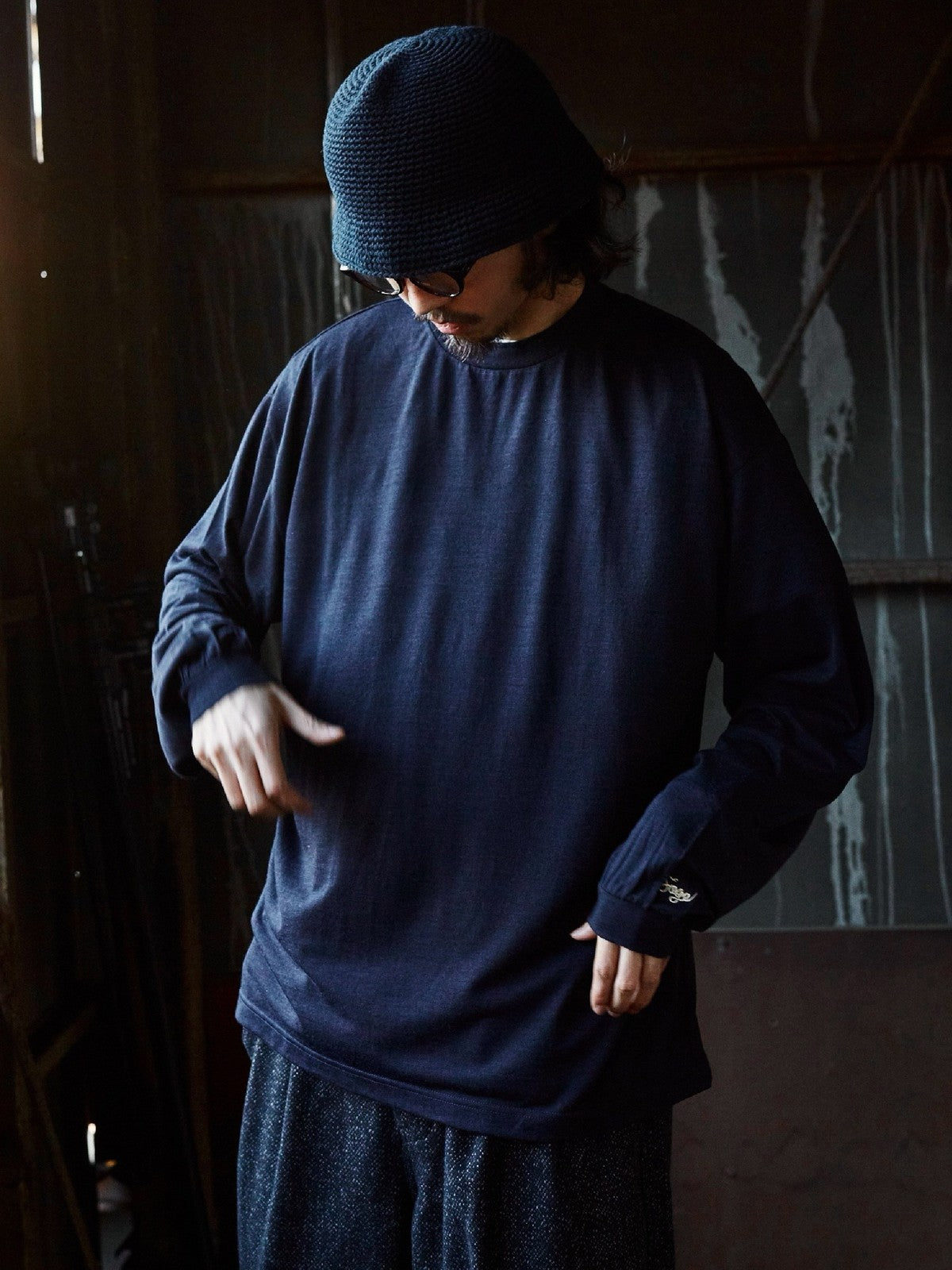 USAGE Merino Wool Blend T Shirt Set in Navy Blue - On Male Model