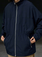 USAGE Drawstring Zip Front Tech Anorak in Navy Blue - On Male Model