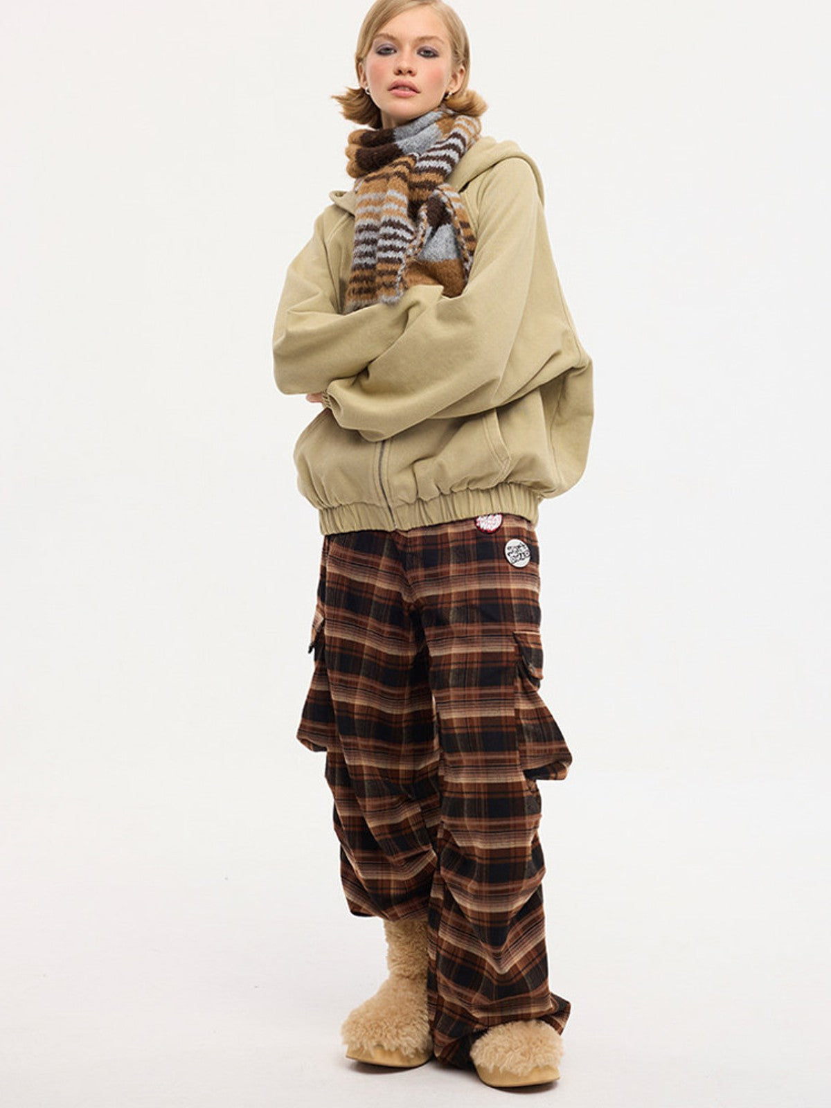 BEERBRO Washed Fleece Zip Up Hoodie in Beige - On Female Model