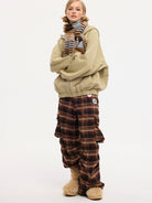 BEERBRO Washed Fleece Zip Up Hoodie in Beige - On Female Model