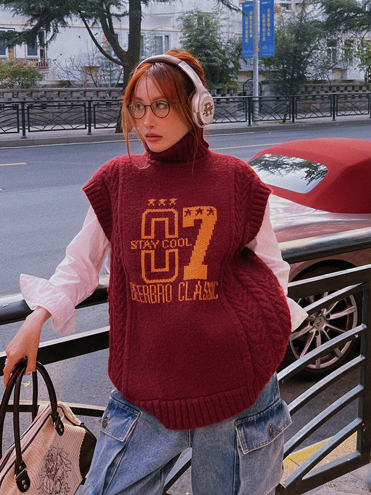 BEERBRO Graphic Cable Knit Turtleneck Vest in Burgundy - On Female Model