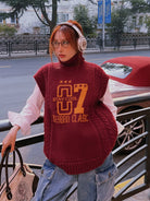 BEERBRO Graphic Cable Knit Turtleneck Vest in Burgundy - On Female Model