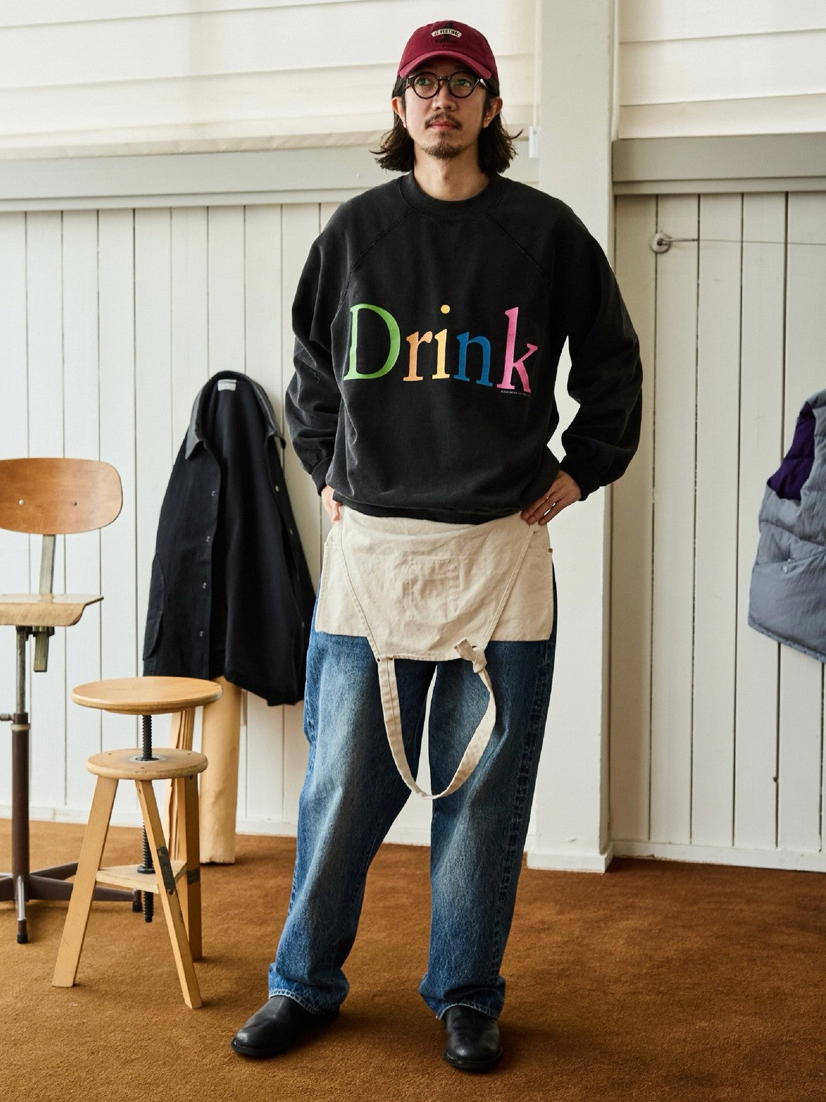 USAGE Washed Cotton Graphic Sweatshirt in Black - On Male Model