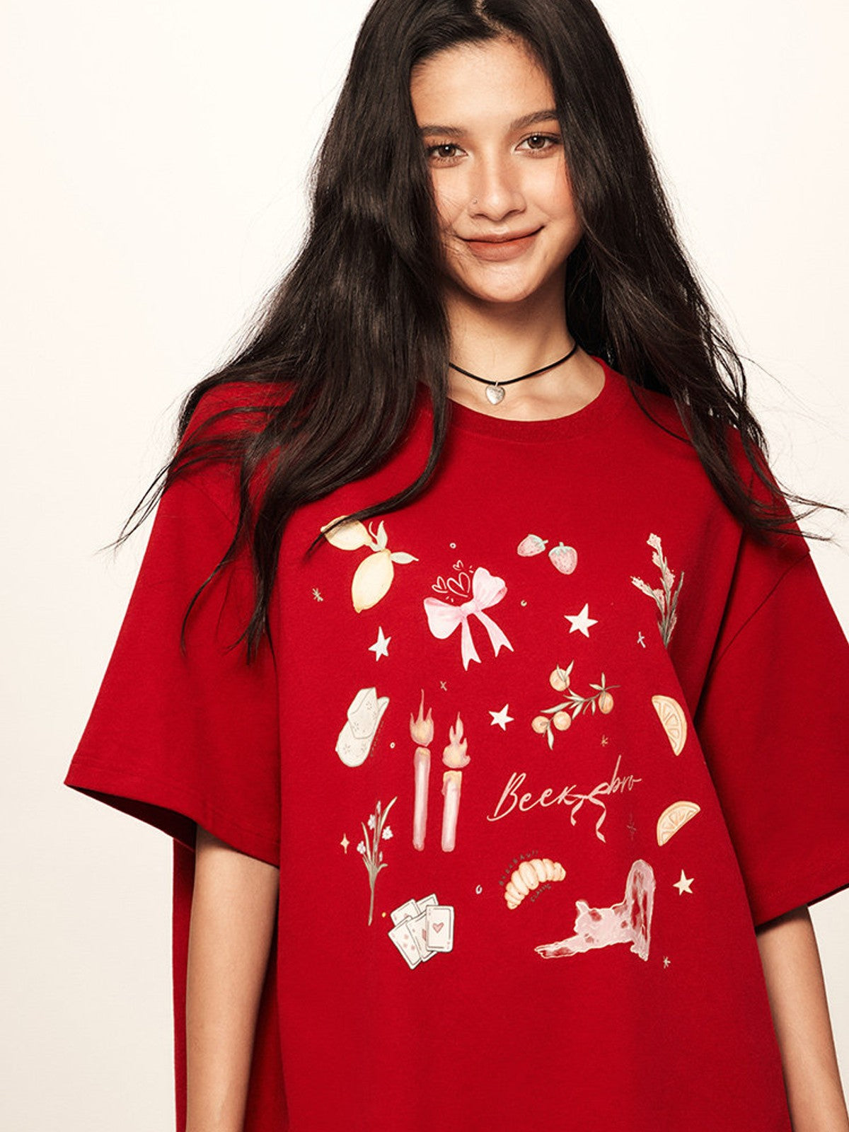 BEERBRO Retro Graphic Print T Shirt in Red - On Female Model