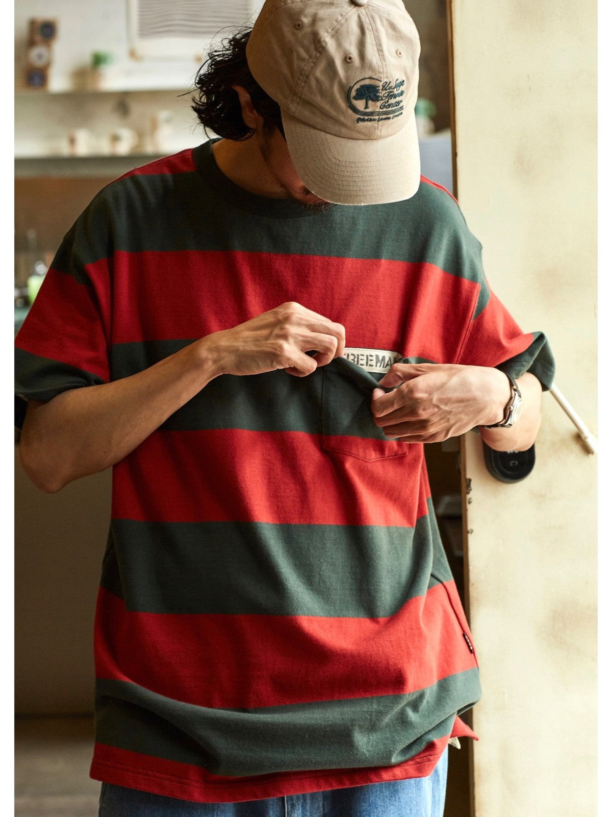 USAGE Wide Striped Cotton Pocket T Shirt in Green - On Male Model