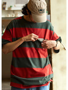 USAGE Wide Striped Cotton Pocket T Shirt in Green - On Male Model