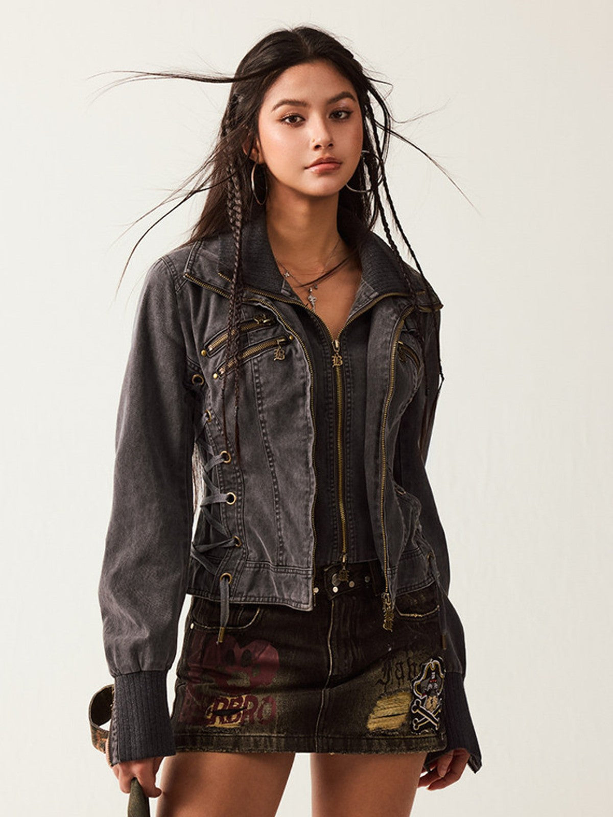 BEERBRO Mock Layer Cotton Biker Jacket in Gray - On Female Model