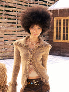 BEERBRO Raw Edge Textured Knit Cardigan in Beige - On Female Model