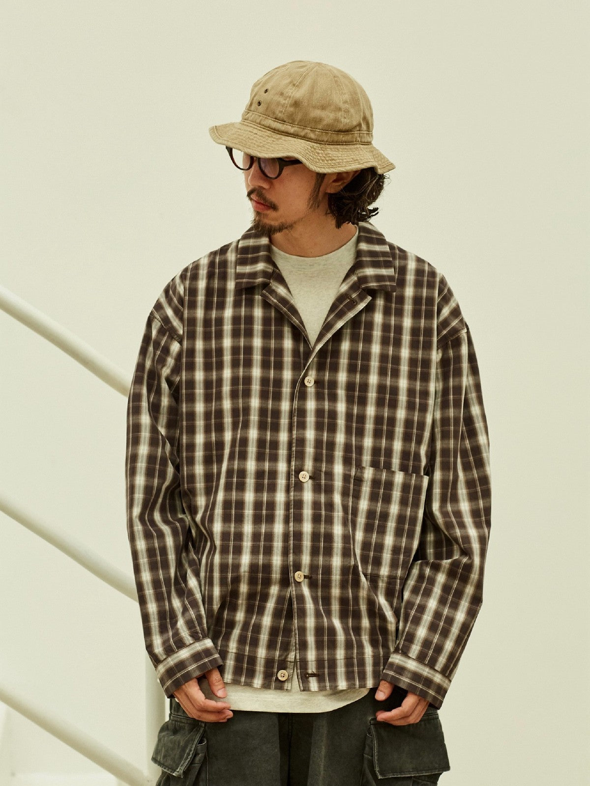 USAGE Gradient Plaid Cotton Blouson in Brown - On Male Model