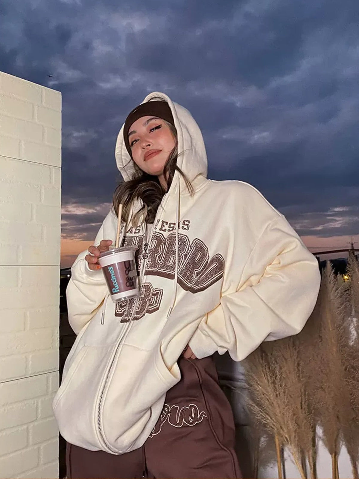 BeerBro Fleece Lined Split Hem Sweatpants in Brown - On Female Model
