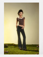 BeerBro Ruched Waist Stretch Flared Pants in Black - On Female Model