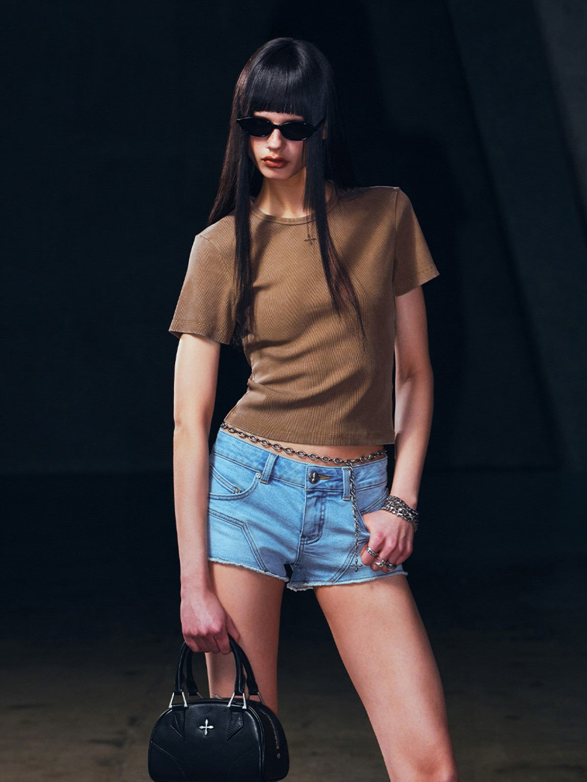 SMFK Silk Blend Short Sleeve Crop Top in Brown - On Female Model