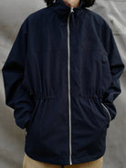 USAGE Drawstring Zip Front Tech Anorak in Navy Blue - On Model