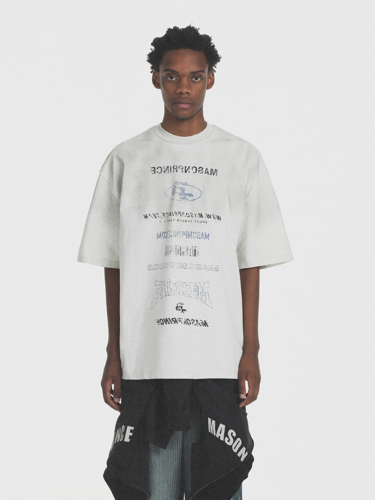 MASONPRINCE Distressed Typographic Cotton T Shirt in Gray - On Male Model