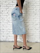 FaxCopyExpress Washed Gardener Denim Shorts in Blue - On Female Model